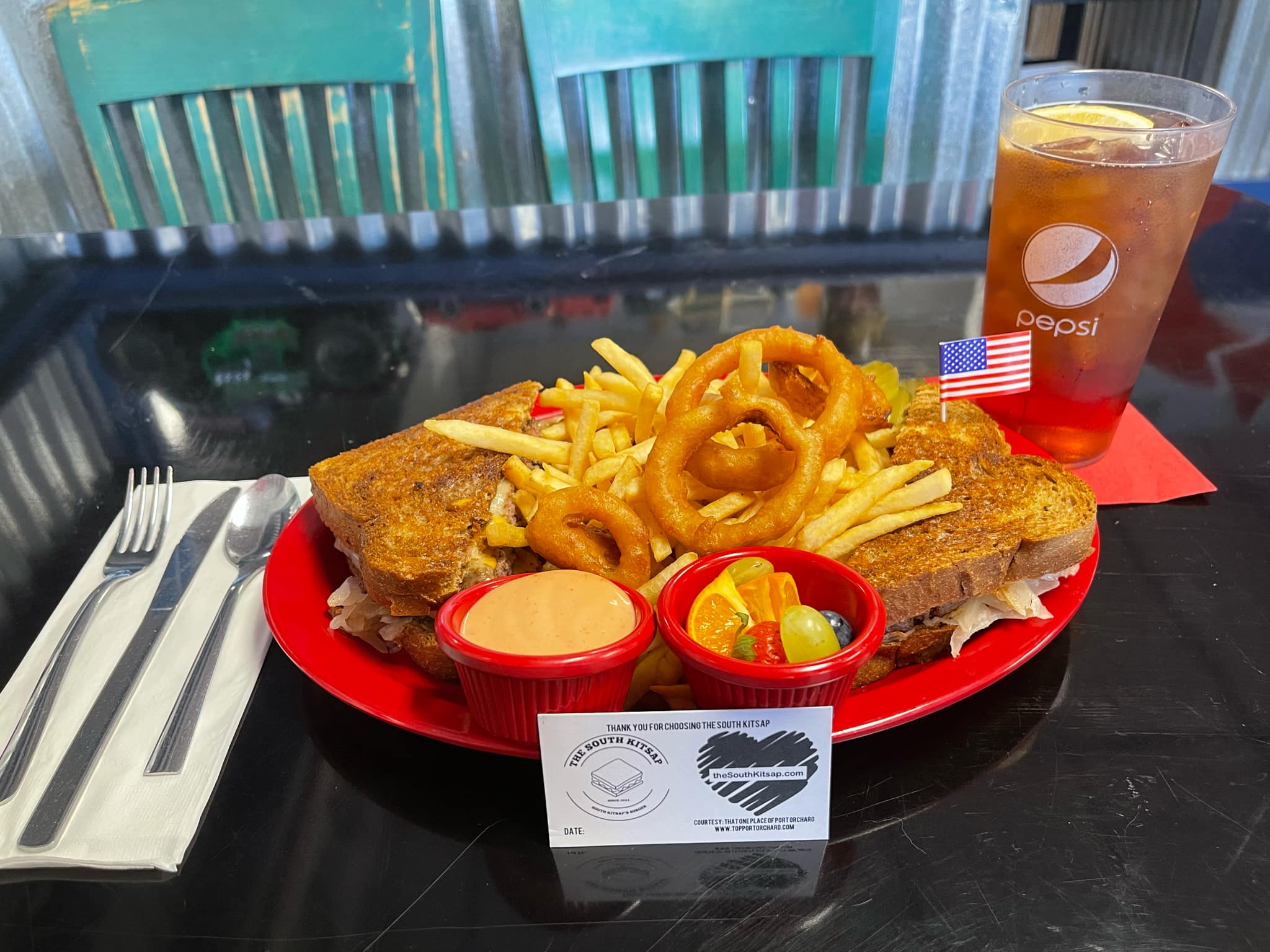 Top view of The South Kitsap Reuben Burger